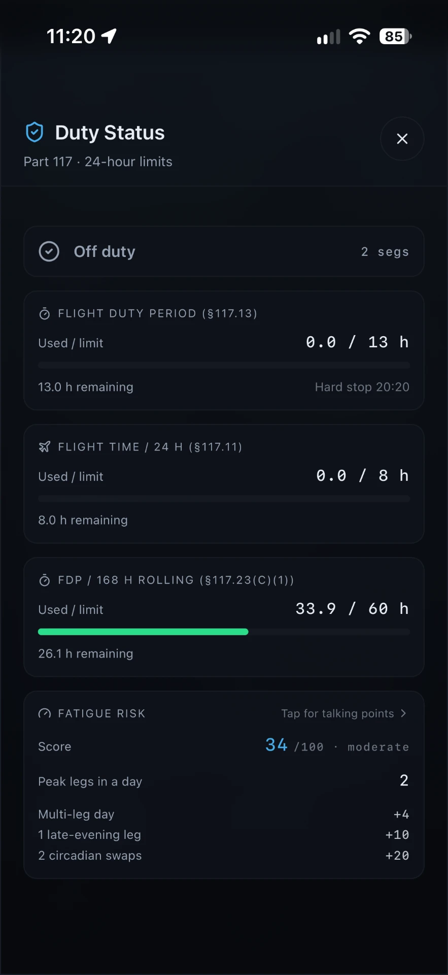 VectorOPS Part 117 duty status with FDP, flight time limits and fatigue risk score