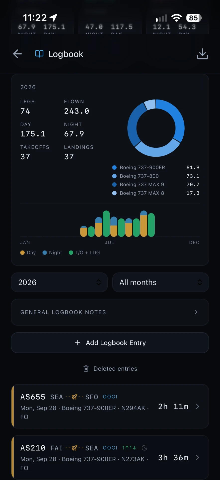 VectorOPS logbook entry list with tail numbers, position and block times