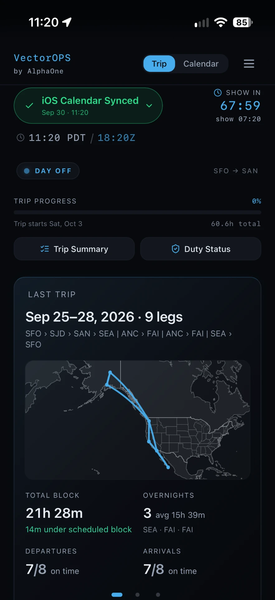 VectorOPS trip overview with iOS calendar sync and last trip map