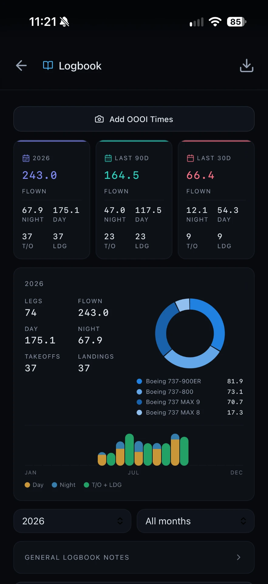 VectorOPS logbook totals with day and night hours, takeoffs and landings by aircraft