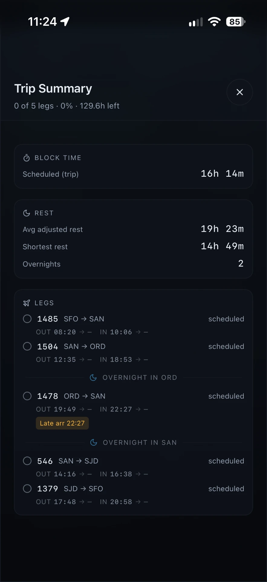 VectorOPS trip summary with block time and rest