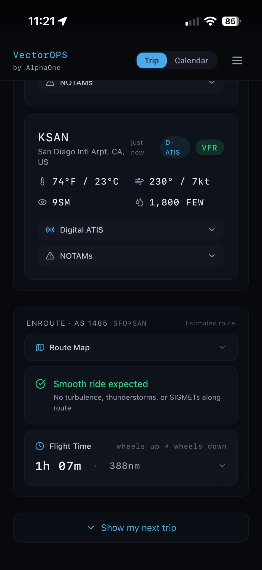 VectorOPS enroute view with estimated route, ride forecast and flight time
